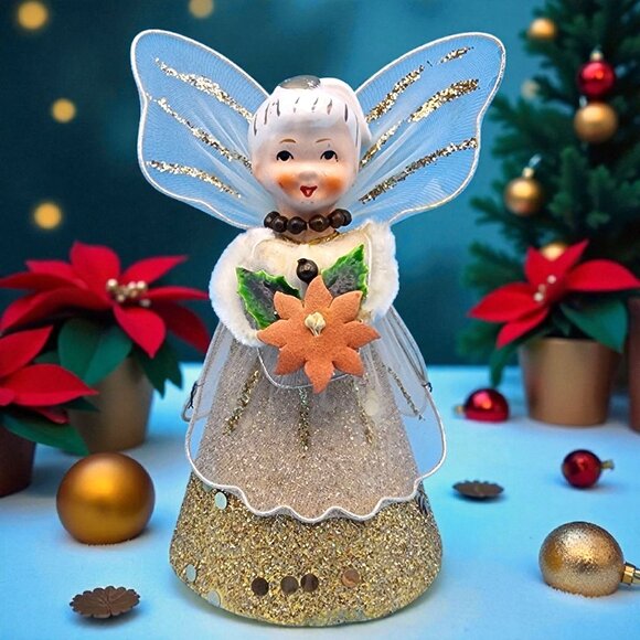 1950s Delta Novelty Angel Tree Topper Porcelain Head Tulle Wings Japan - Picture 1 of 10